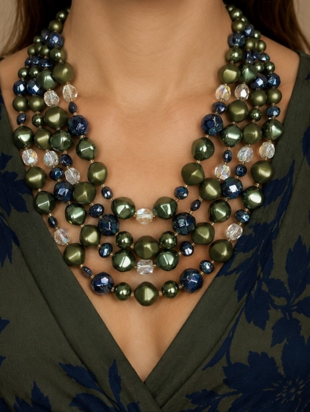4 Strand Vintage Signed Japan Faux Olive Pearls Glass Oil Slick Clear Necklace